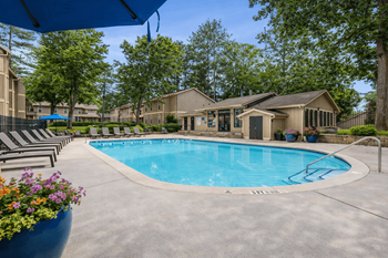 Outdoor pool with lounge seating and surrounding landscaping